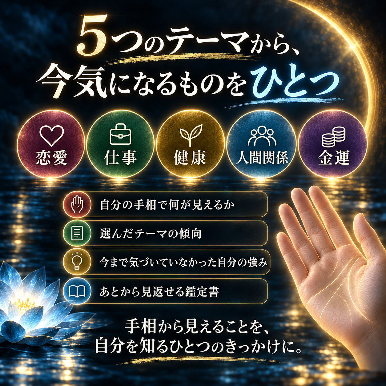 5つのテーマからひとつを選び、自分の傾向や強みを知るきっかけに。